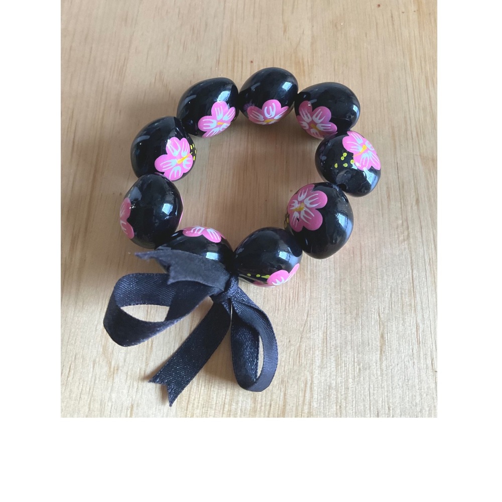 Hand Painted Black Kukui Nut Bracelet Pink Hibiscus Flower Hawaiian Ribbon Bow